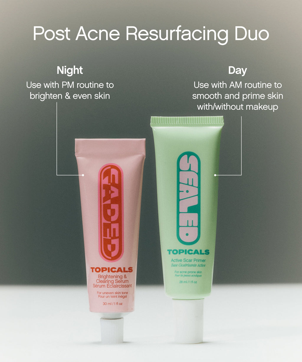Scar primer and brightening serum from Topicals displayed side by side as a post-acne resurfacing duo with night and day usage callouts.