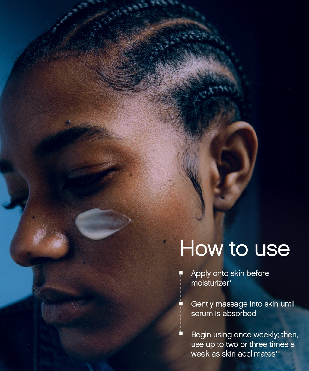 Moody portrait of a person with a dot of Topicals Faded Unscented serum on their cheek, paired with how-to-use instructions for the dark spot face serum.