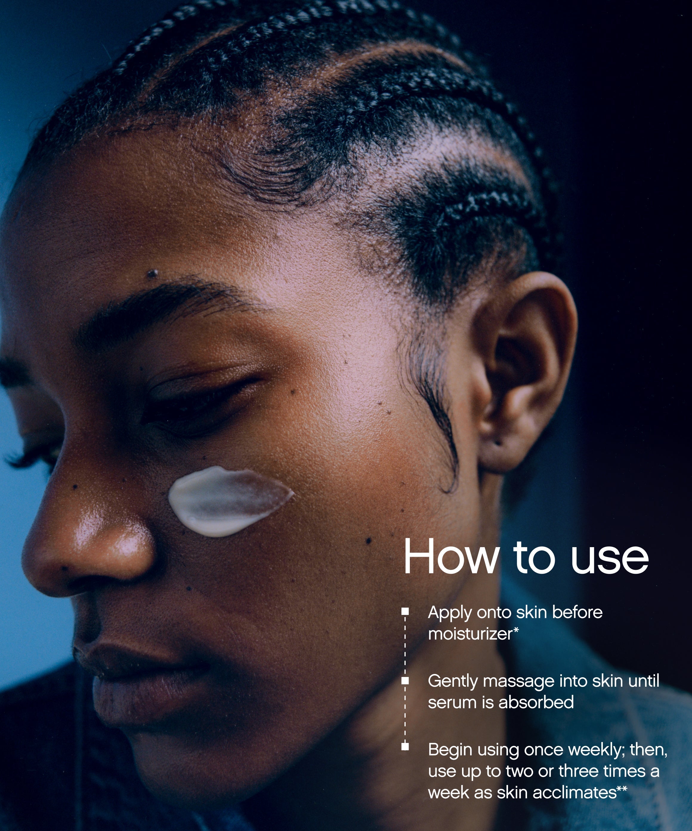 Moody portrait of a person with a dot of Topicals Faded Unscented serum on their cheek, paired with how-to-use instructions for the dark spot face serum.
