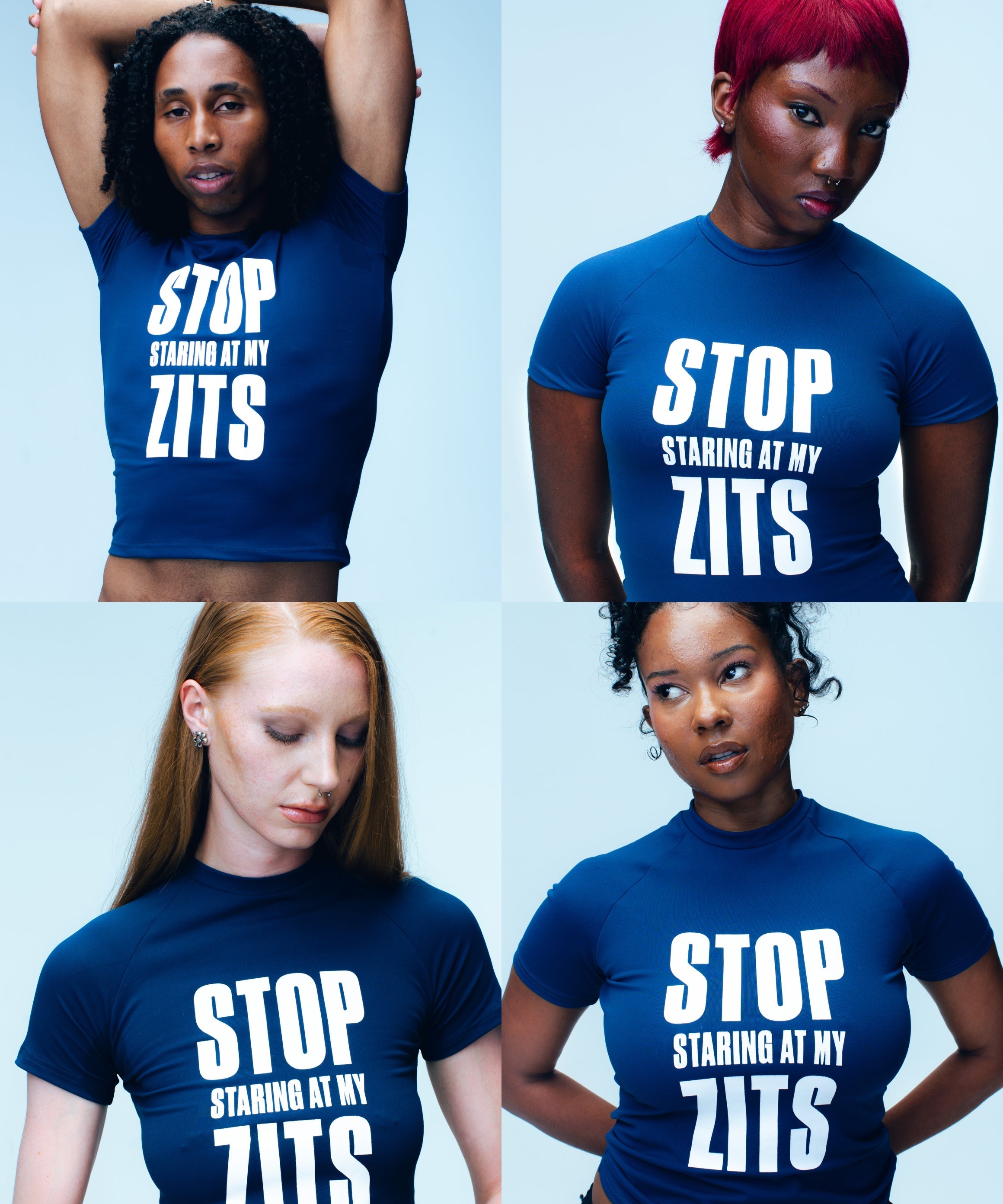 Four people modeling the Topicals navy Stop Staring At My Zits tee in studio shots, paired with the brand's acne and dark spot products.