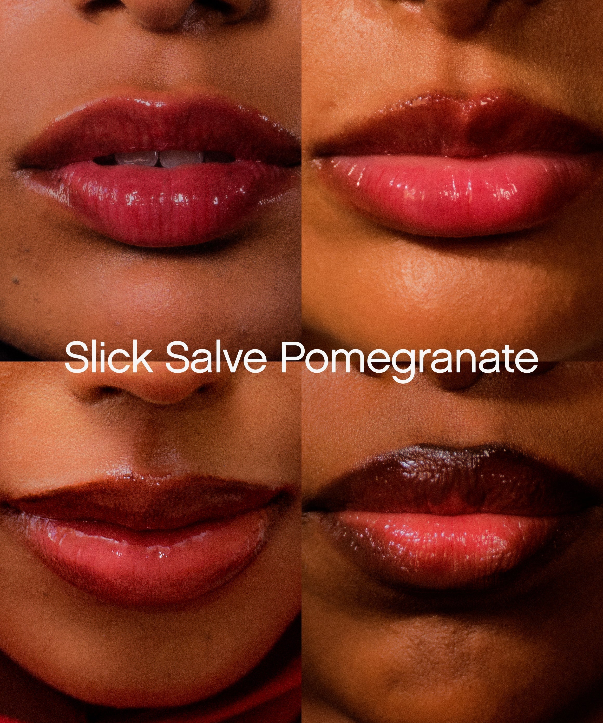 Four-panel collage of close-up lips wearing the glossy red Topicals Slick Salve Pomegranate hyaluronic acid lip balm on different skin tones.