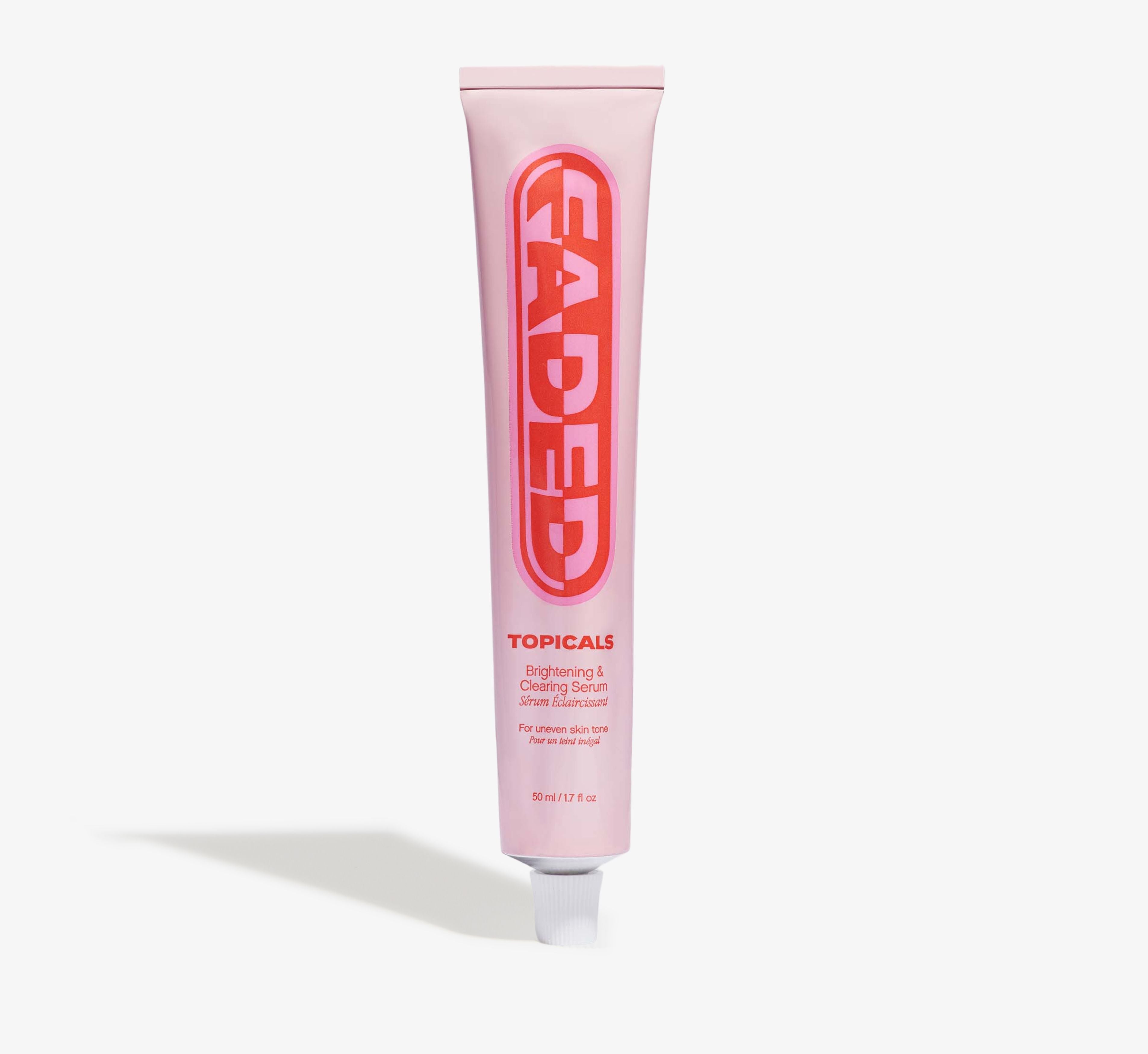 Topicals Faded Brightening and Clearing Serum 50ml tube standing upright on a white background, the brand's hero serum for hyperpigmentation.