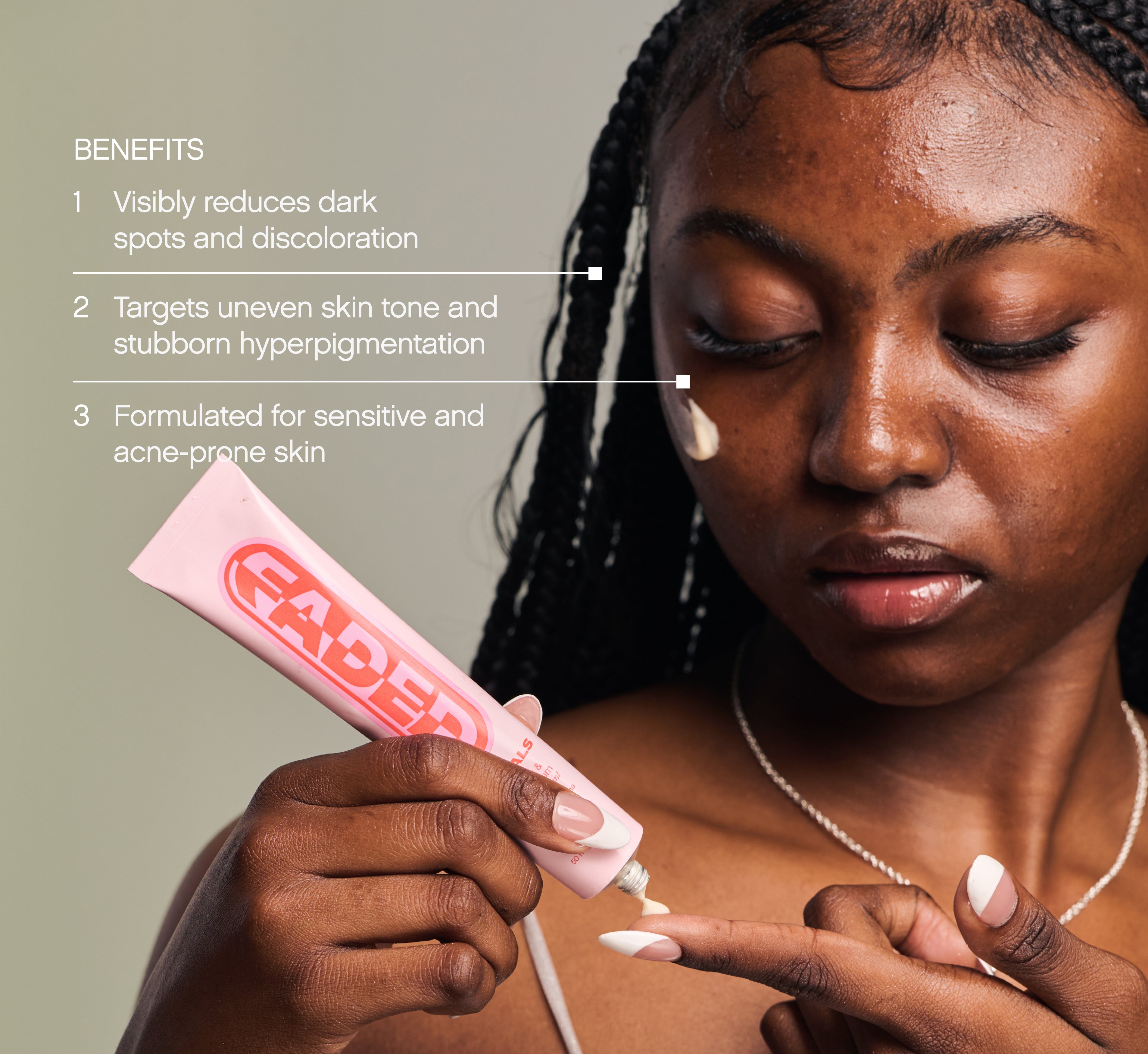 Person applying Topicals Faded serum for dark spots, with a benefits list noting reduced discoloration, even skin tone, and use on acne-prone skin.
