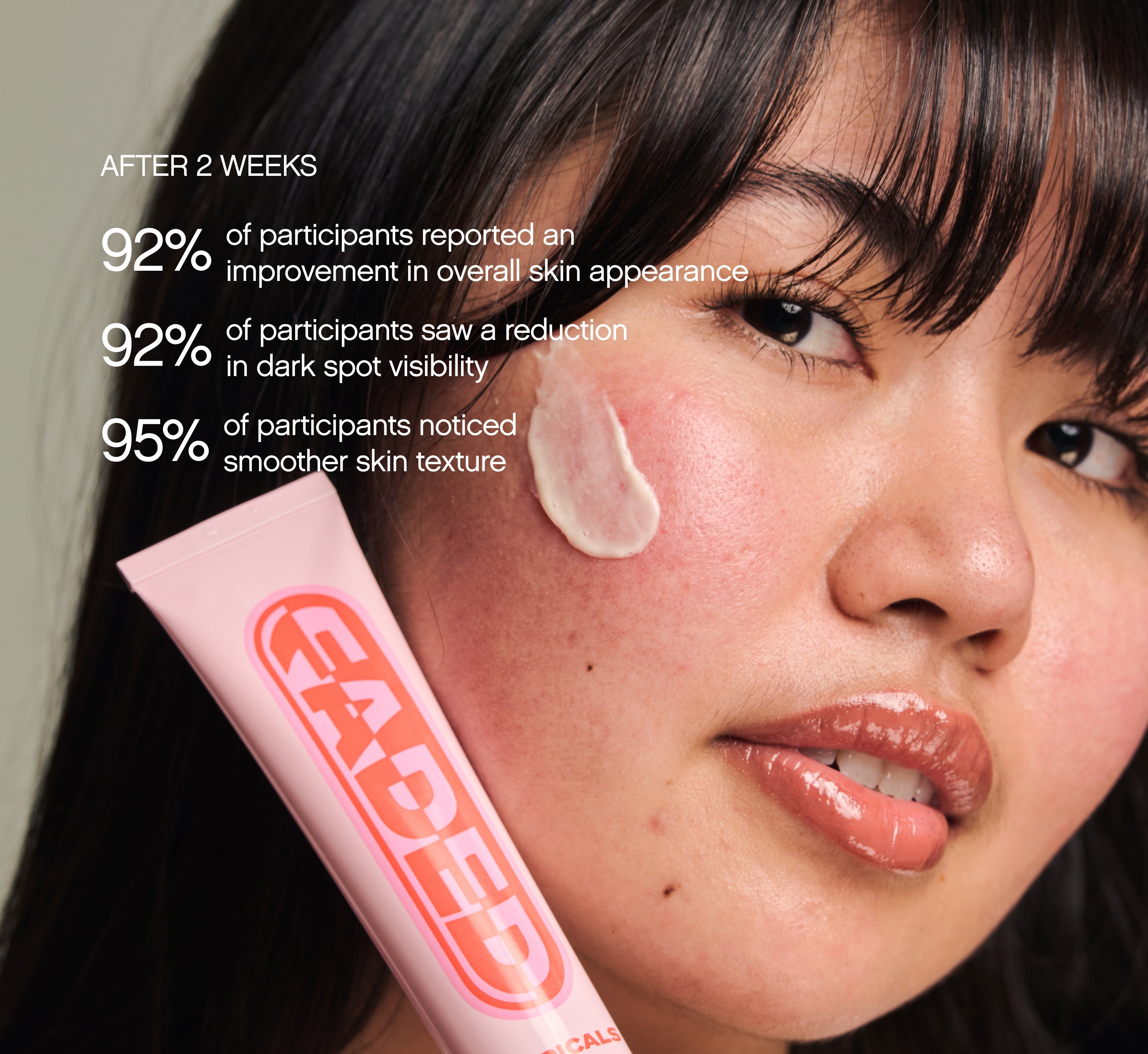 Close-up of a person holding the Topicals Faded tube to their cheek with a dollop of cream, alongside two-week clinical results for the dark spot serum.