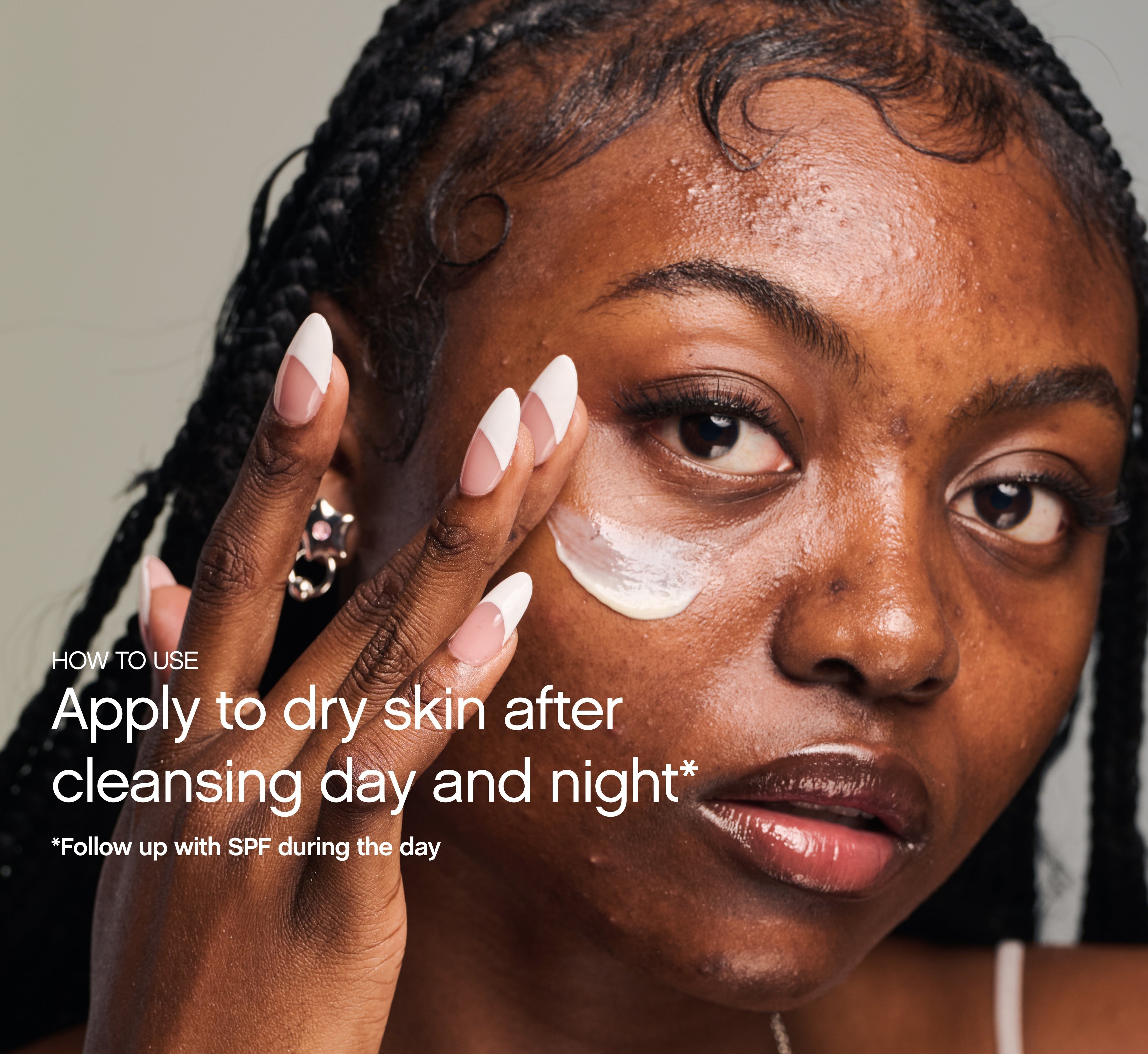 Person dabbing Topicals Faded under their eye, with usage directions to apply this serum for hyperpigmentation morning and night after cleansing.