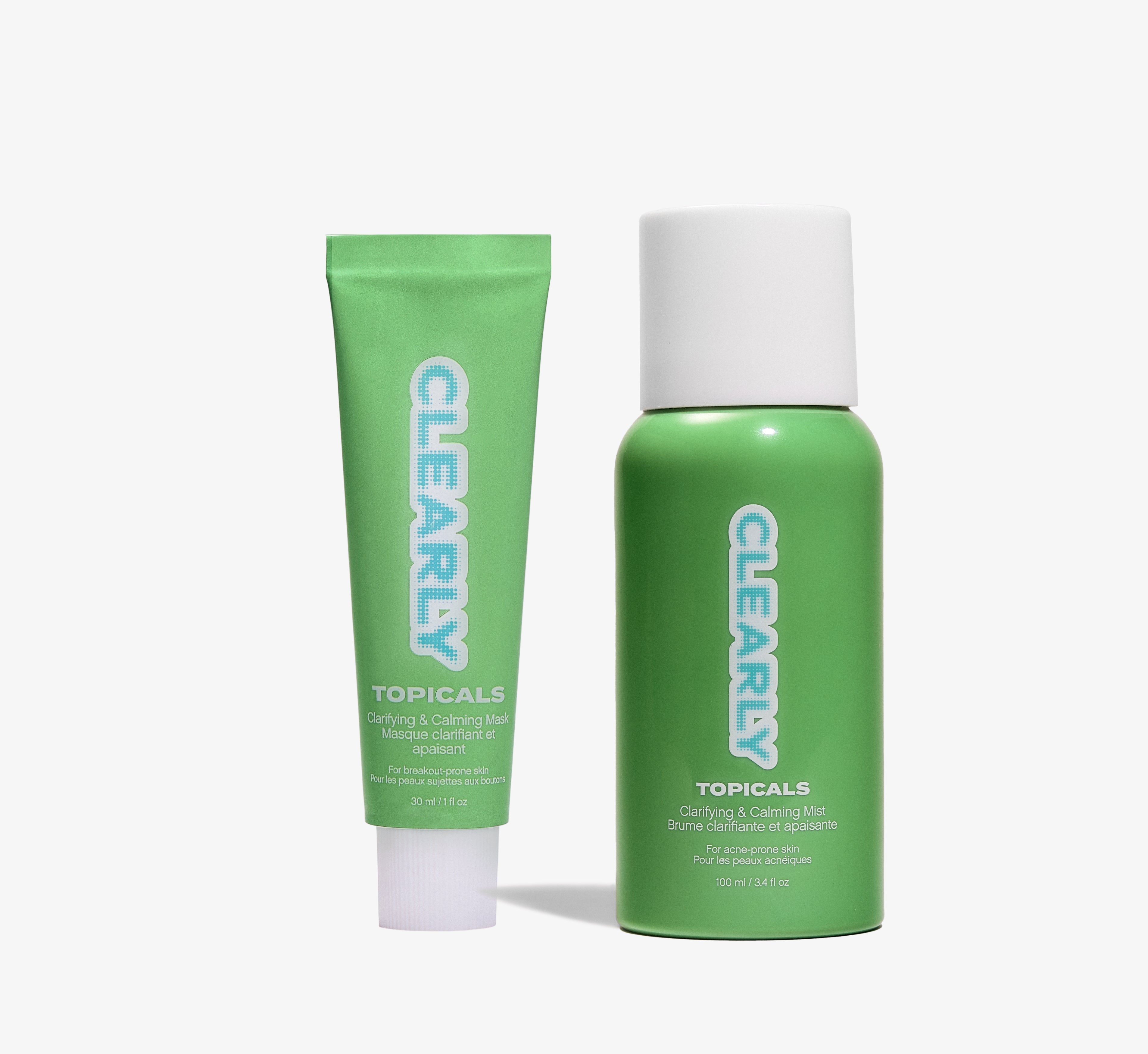 Acne skincare duo from Topicals Clearly featuring the Clarifying & Calming Mask tube and Clarifying & Calming Mist bottle displayed side by side on a white background.