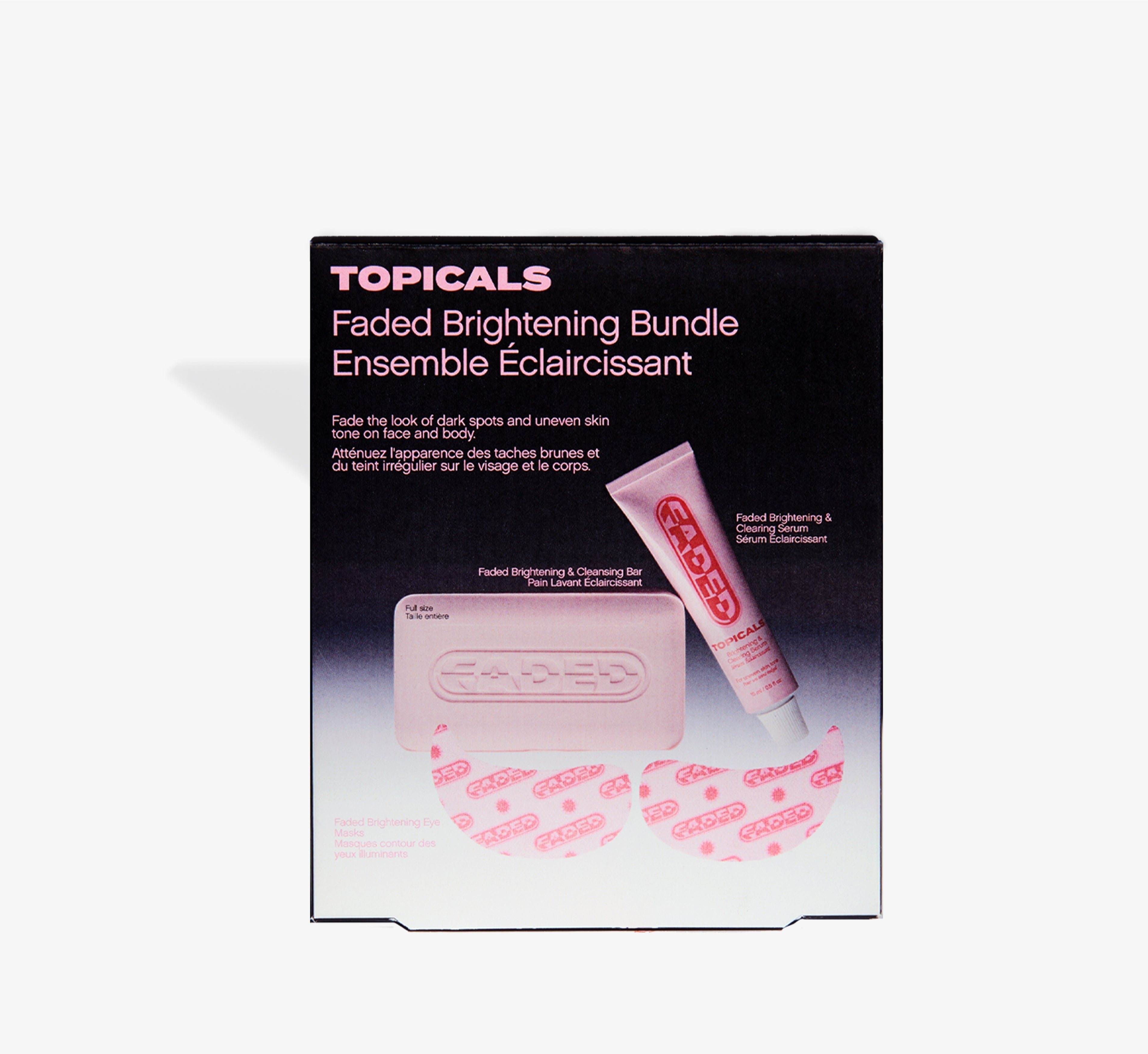 Brightening skincare gift set box from Topicals Faded showing the Faded Brightening Bundle packaging featuring the Cleansing Bar, Brightening Serum, and Eye Masks on a white background.