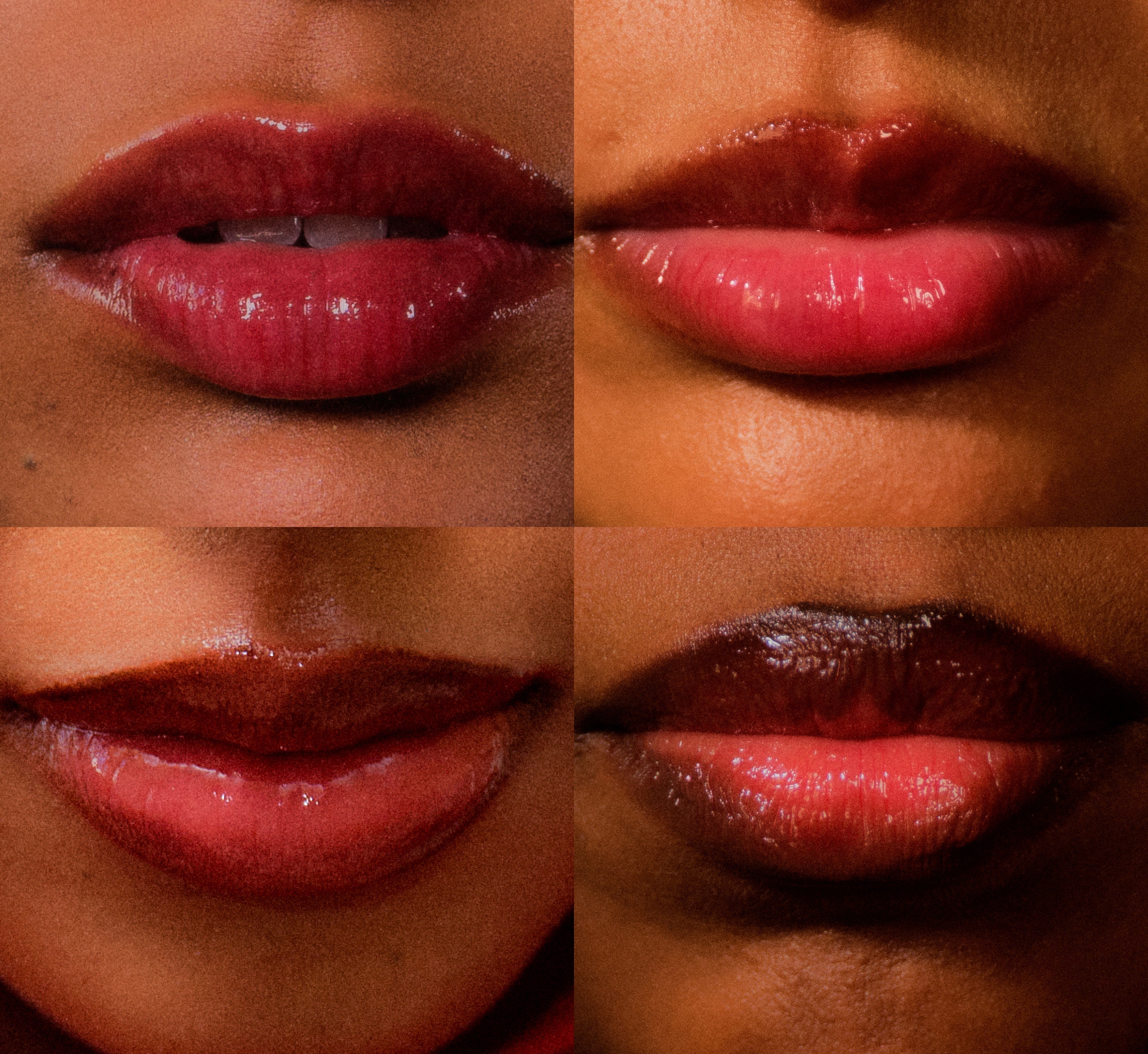 Moisturizing lip balm Pomegranate shade from Topicals Slick Salve shown swatched on four different skin tones ranging from medium to deep, displaying the sheer cherry-red finish.