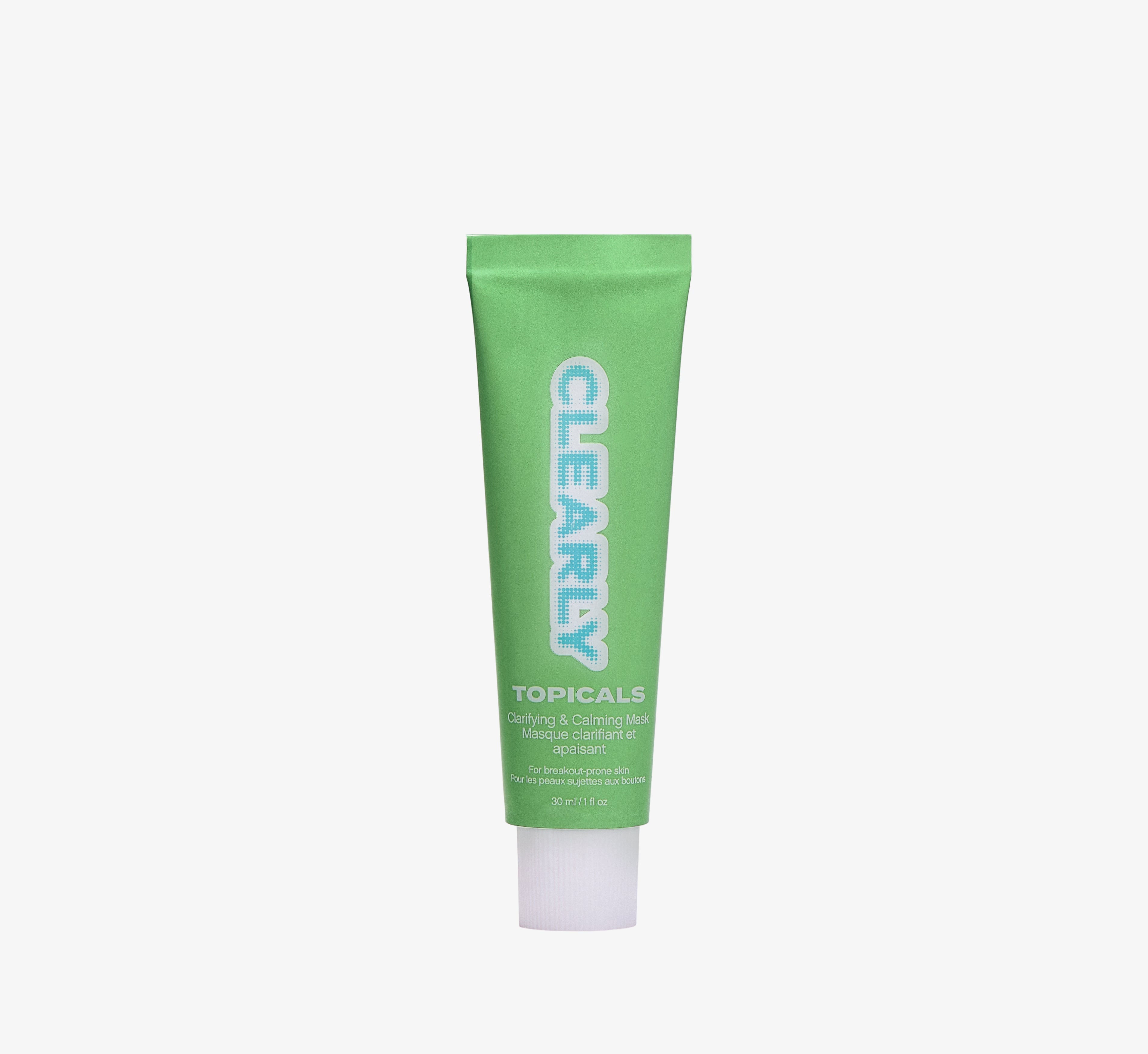 Clarifying face mask from Topicals Clearly shown as a single green 30ml tube for breakout-prone skin on a white background.