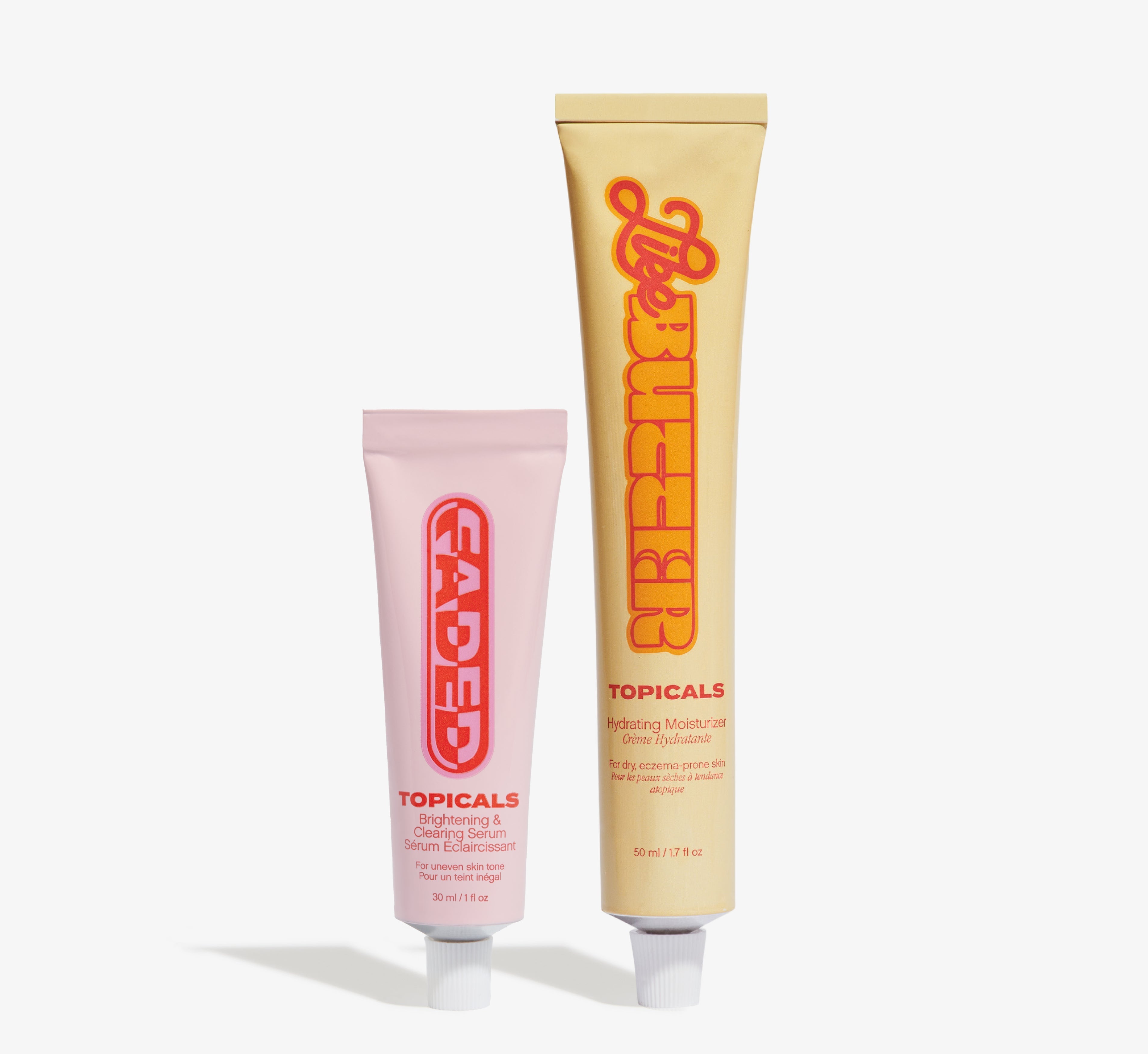 Skincare duo for dark spots and dry skin from Topicals featuring the Faded Brightening Serum and Like Butter Hydrating Moisturizer displayed side by side on a white background.