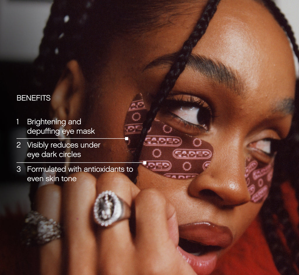 Brightening under eye patches from Topicals Faded shown applied beneath a Black woman's eye with benefits callouts for depuffing, dark circle reduction, and skin tone evening.