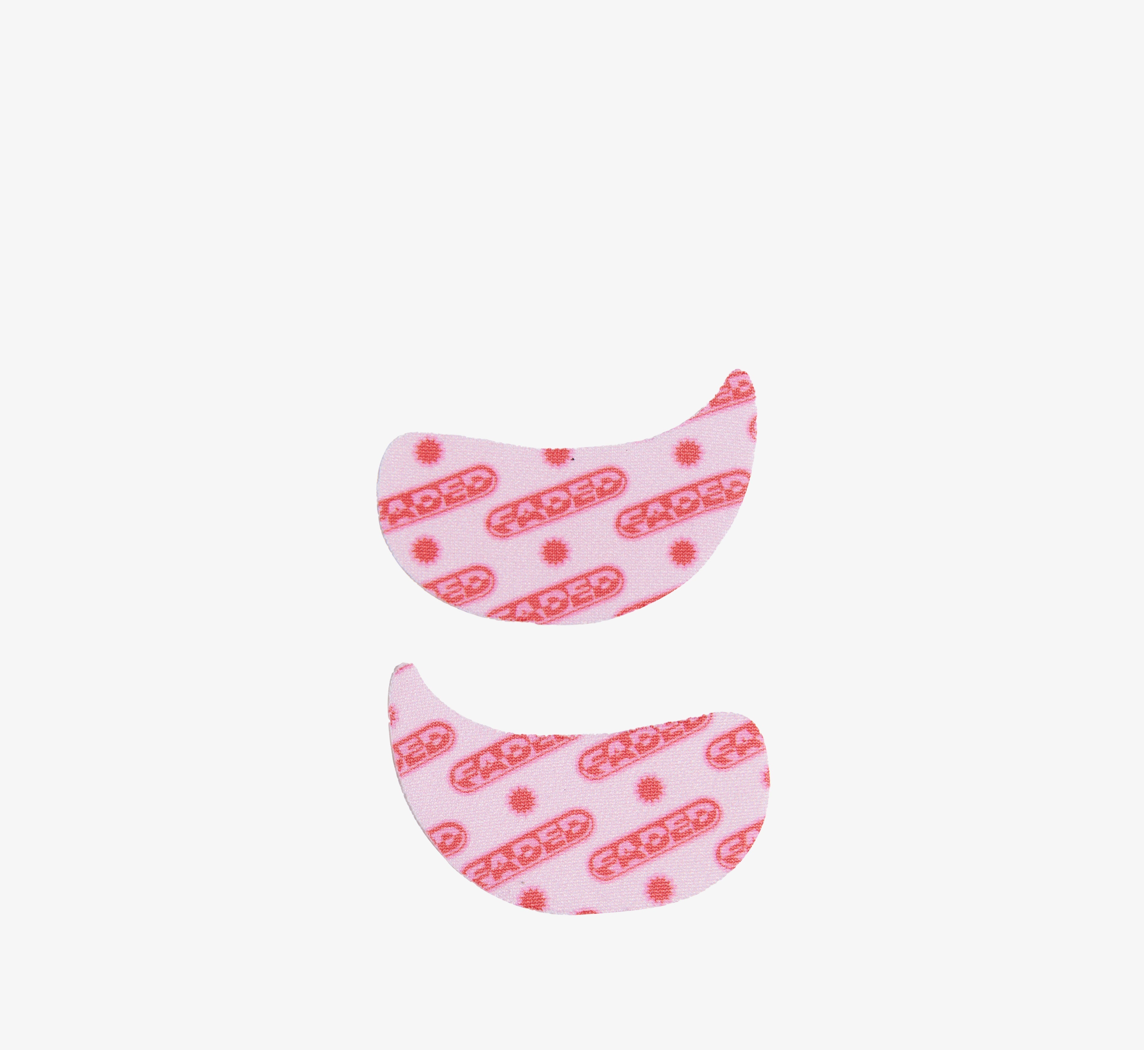 Hydrogel eye patches from Topicals Faded shown as a left and right pair in the pink branded colorway on a white background.