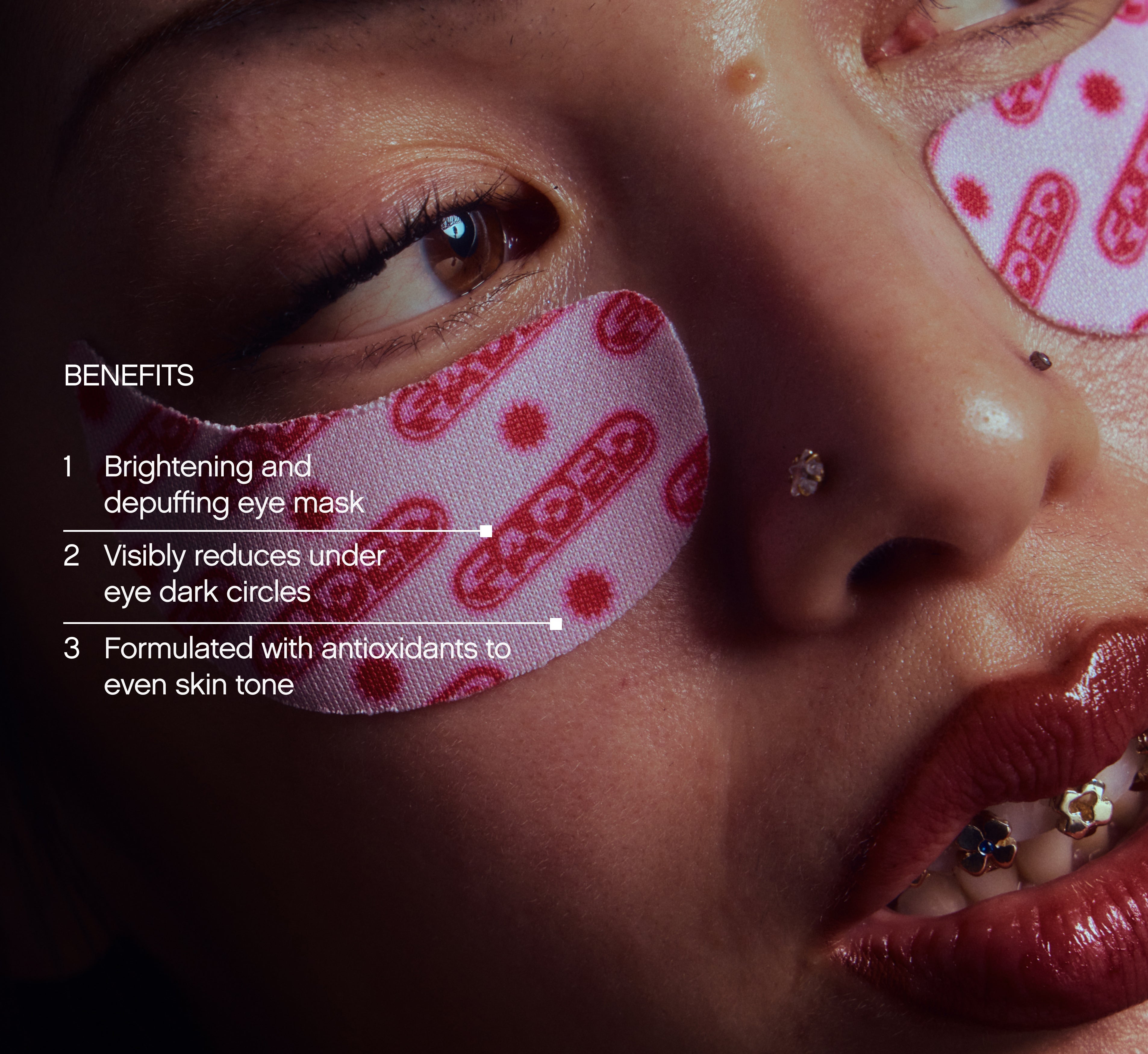 Under eye brightening patches from Topicals Faded shown applied beneath a model's eye, with callouts highlighting benefits including depuffing, reducing dark circles, and evening skin tone.
