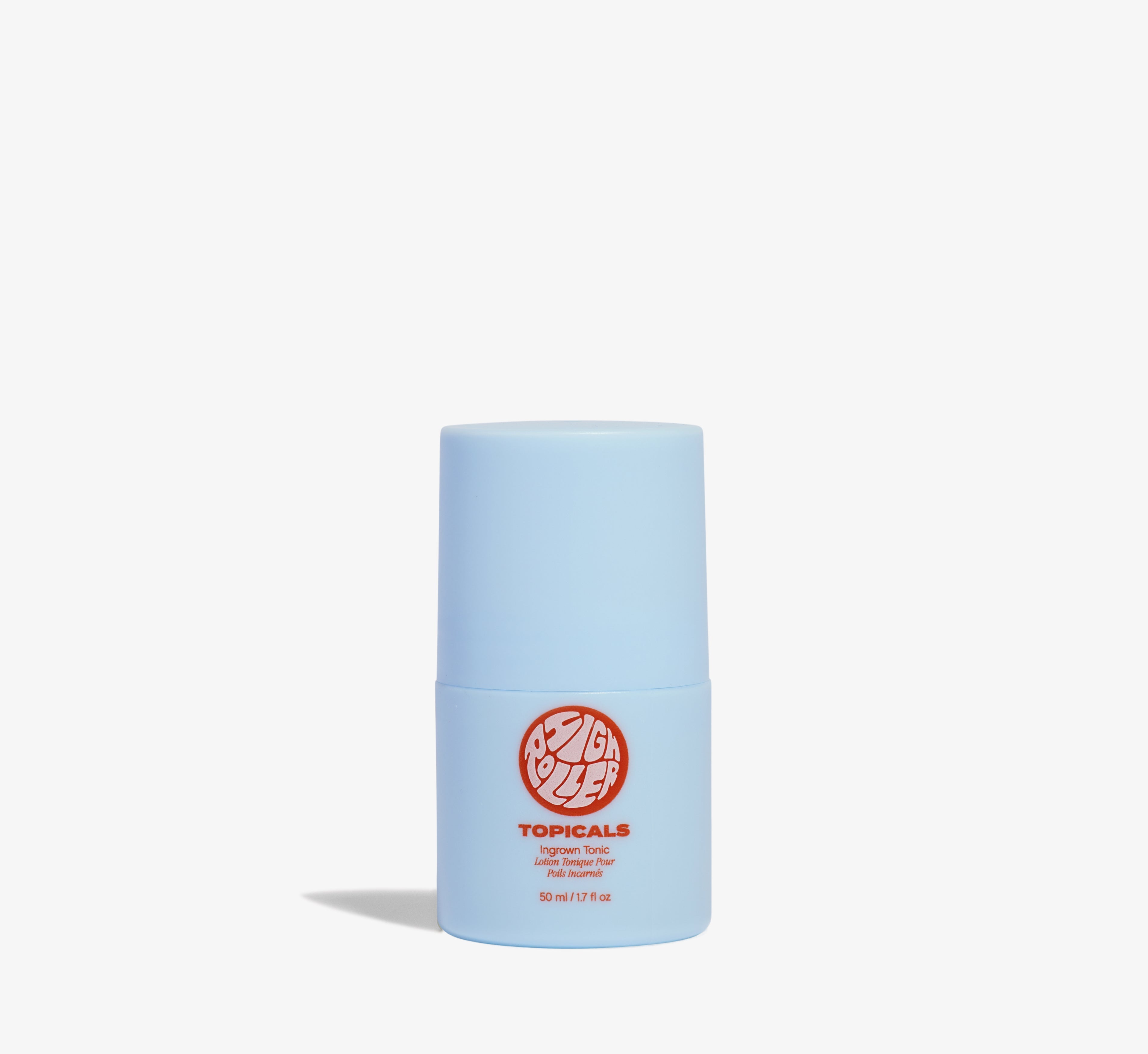 Ingrown hair tonic from Topicals High Roller shown as a single light blue cylindrical 50ml bottle on a white background.