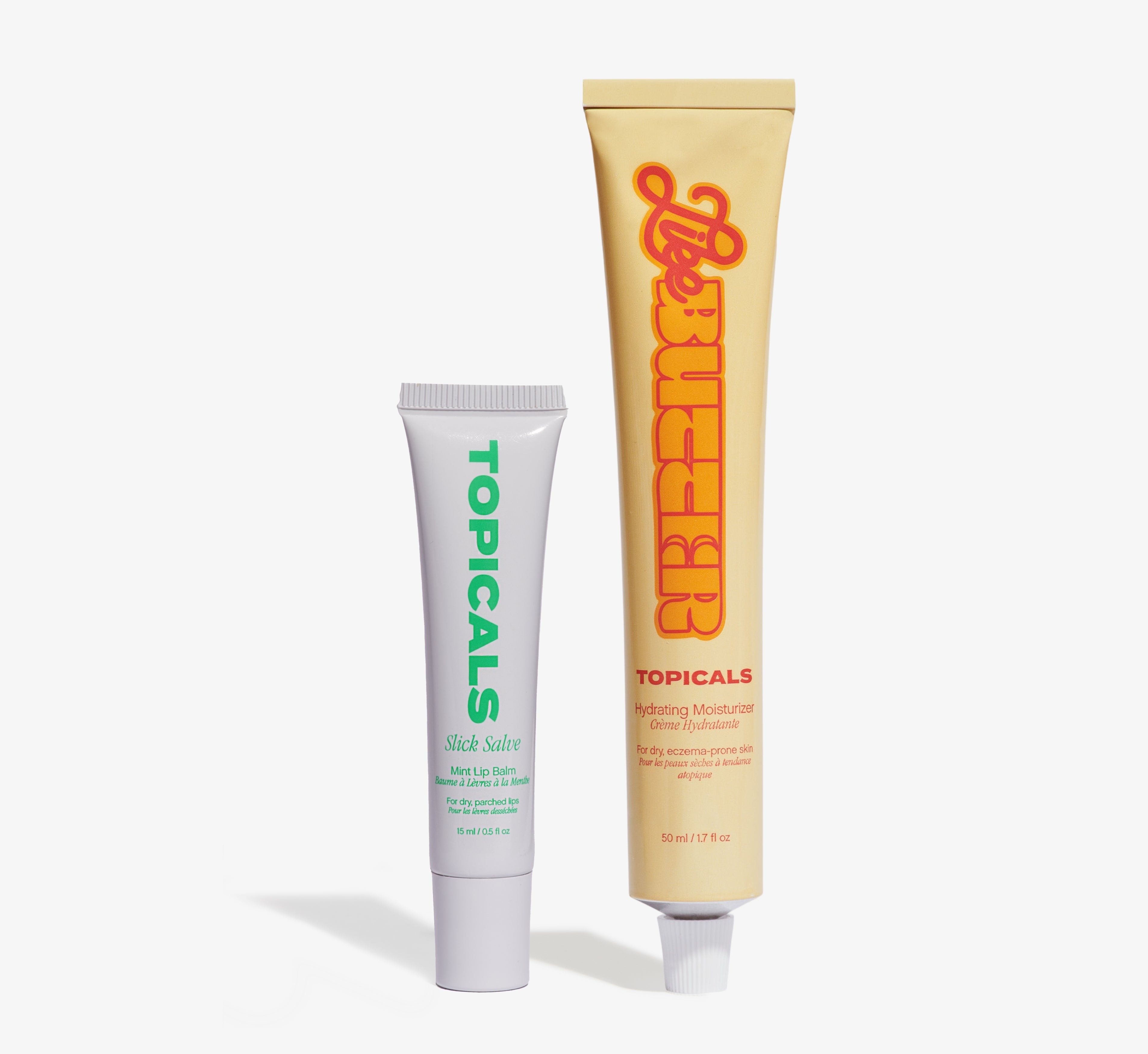 Hydrating skincare duo from Topicals featuring the Slick Salve Mint Lip Balm and Like Butter Hydrating Moisturizer displayed side by side on a white background.