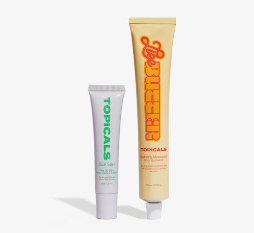 Hydrating skincare duo from Topicals featuring the Slick Salve Mint Lip Balm and Like Butter Hydrating Moisturizer displayed side by side on a white background.