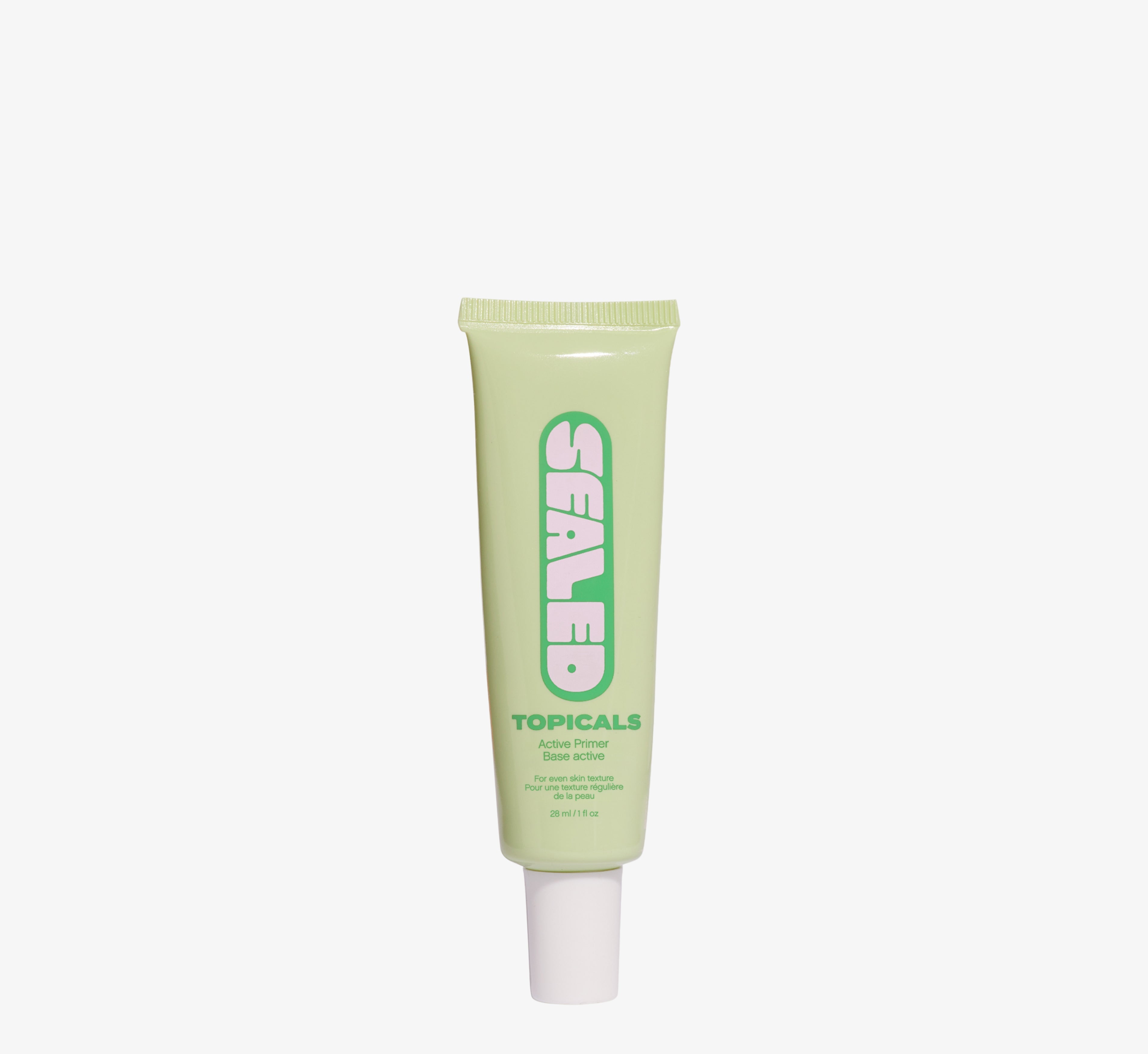 Skin texture primer from Topicals Sealed shown as a single light green 28ml tube with bold branded branding on a white background.
