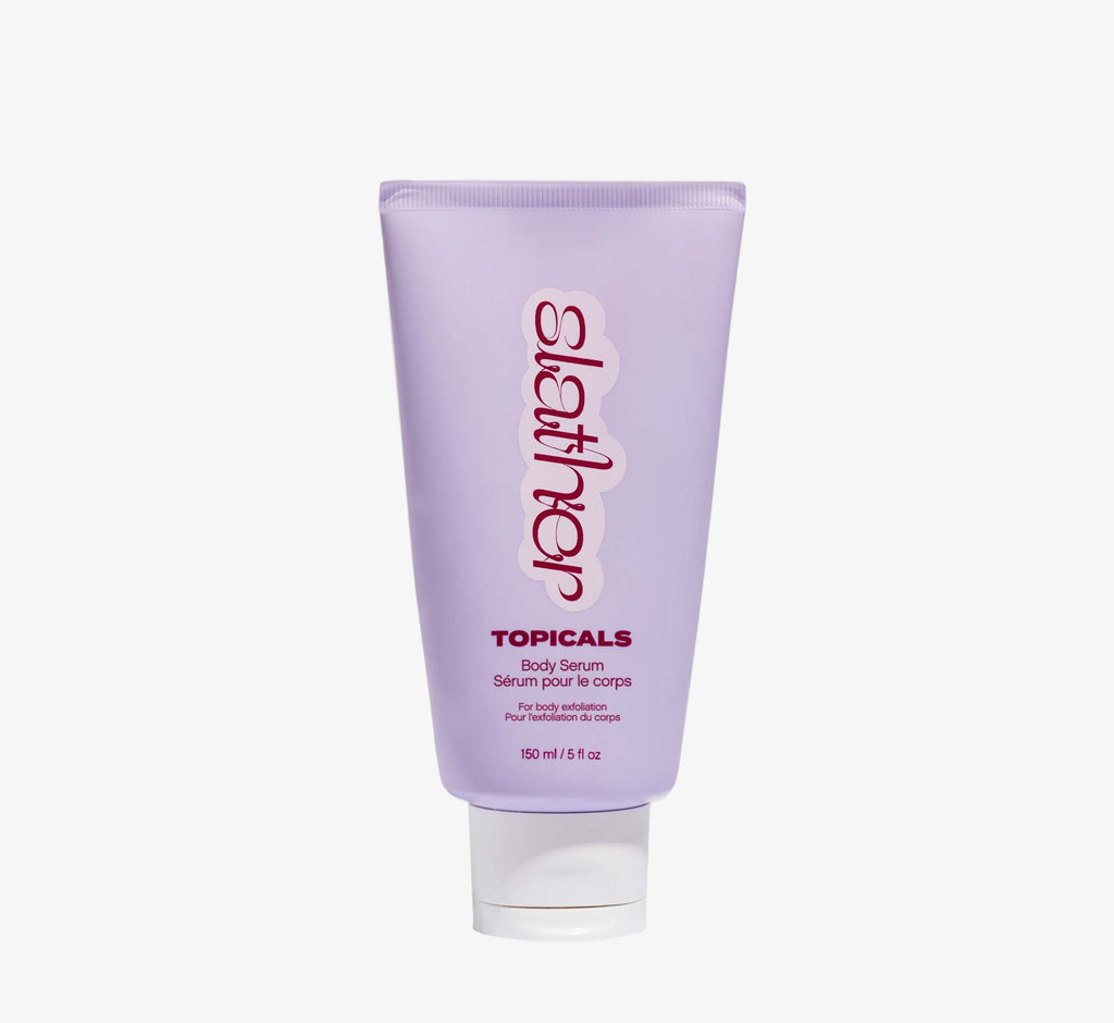 Body exfoliation serum from Topicals Slather shown as a lavender 150ml squeeze tube for textured skin on a white background.