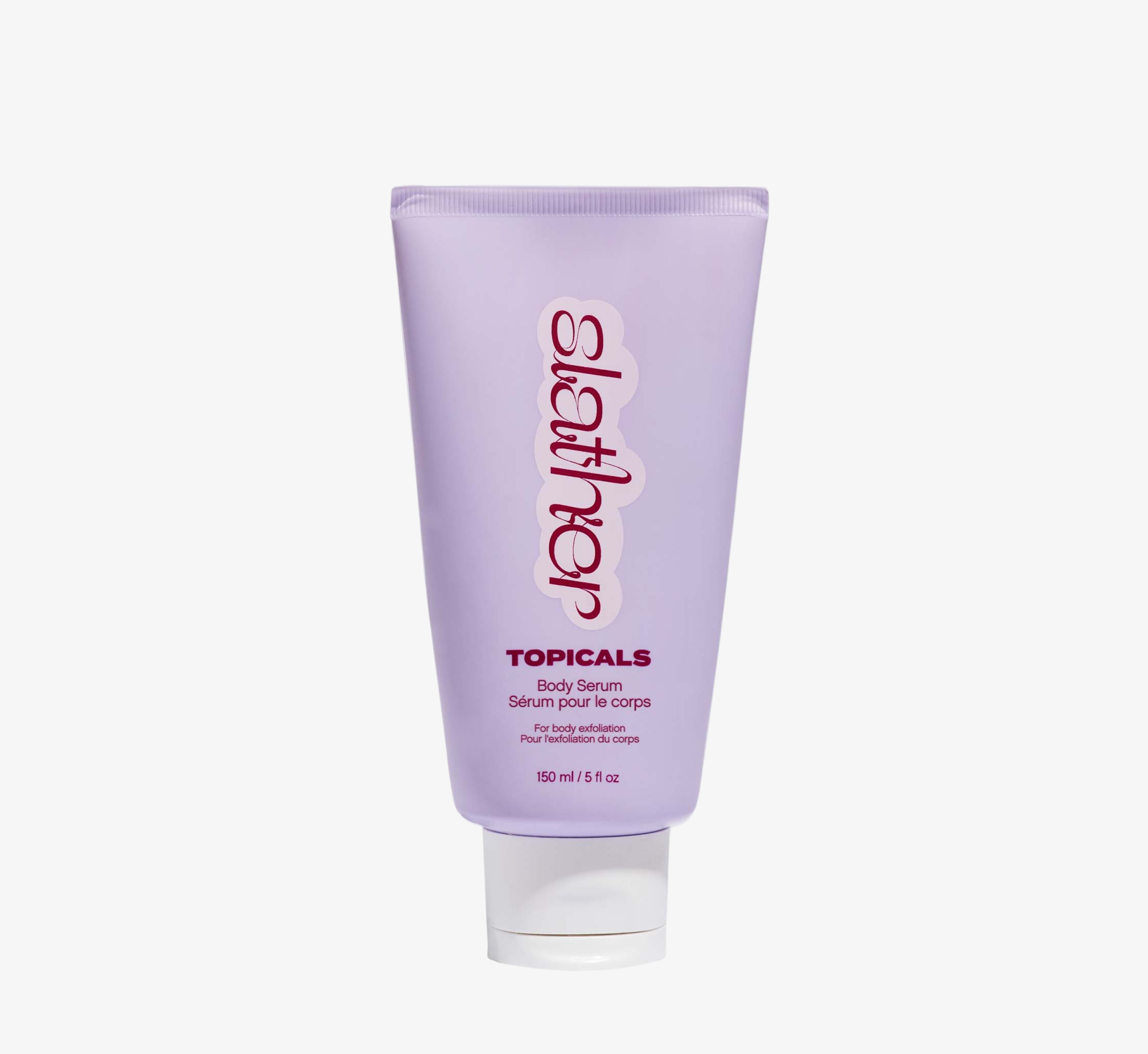 Body exfoliation serum from Topicals Slather shown as a lavender 150ml squeeze tube for textured skin on a white background.